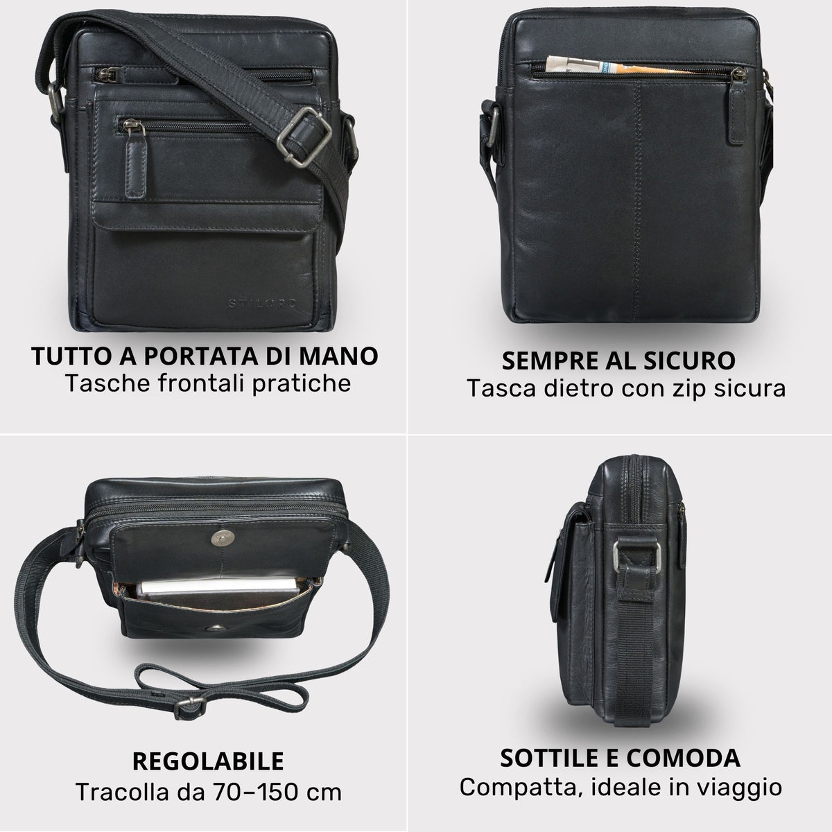 Piccola tracolla piatta in pelle nera per tablet 8 pollici, tasca posteriore con zip, tasche frontali e tracolla regolabile