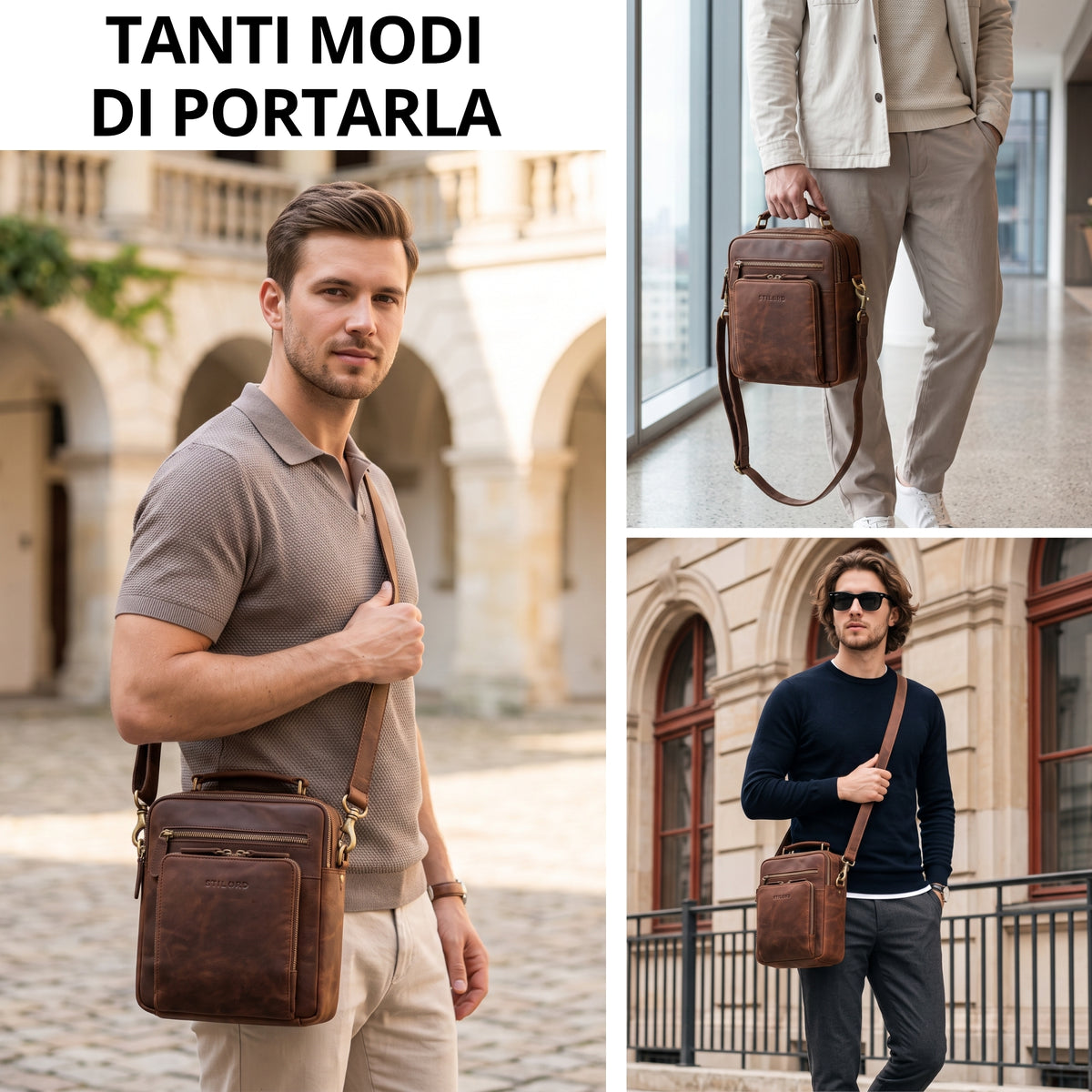 Piccola borsa a tracolla in pelle marrone Zamora con maniglia e tracolla regolabile, per tablet 10,1" e documenti A5, logo STILORD