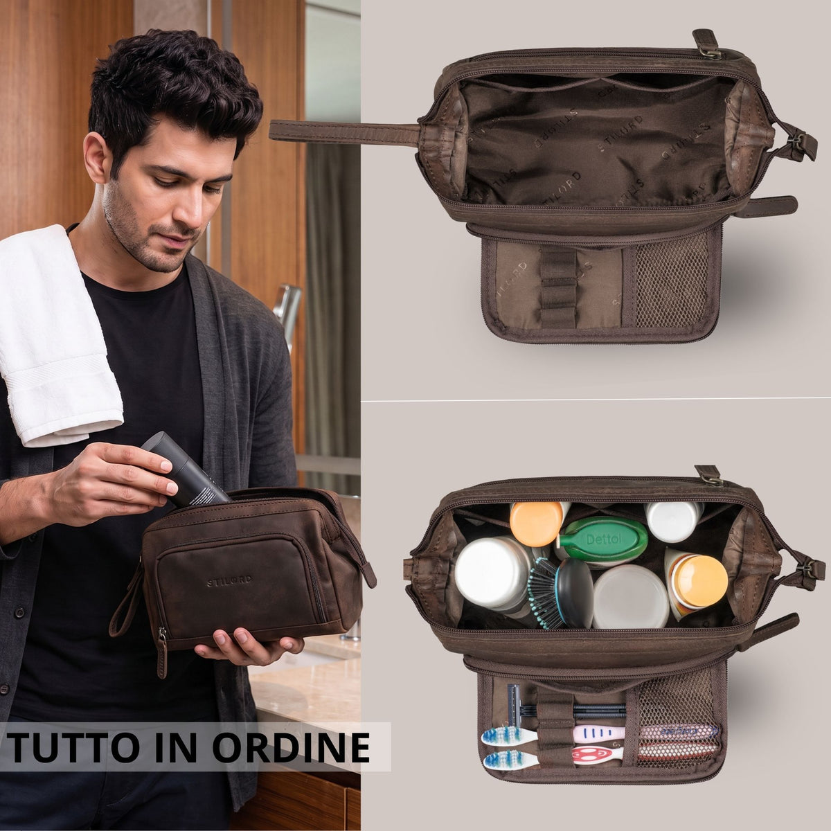 Necessaire Henry in pelle zamora marrone, interno aperto con scomparti e tasca a rete, manico a mano, uomo in bagno