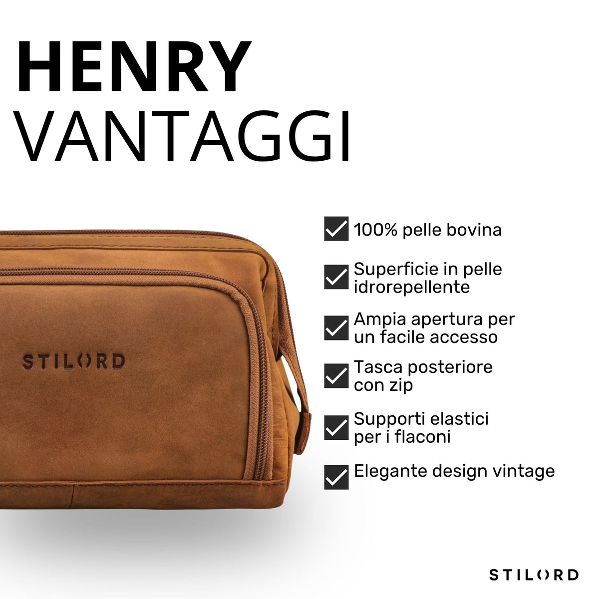 Necessaire in pelle cognac, dettaglio frontale con logo STILORD impresso e cerniera visibile