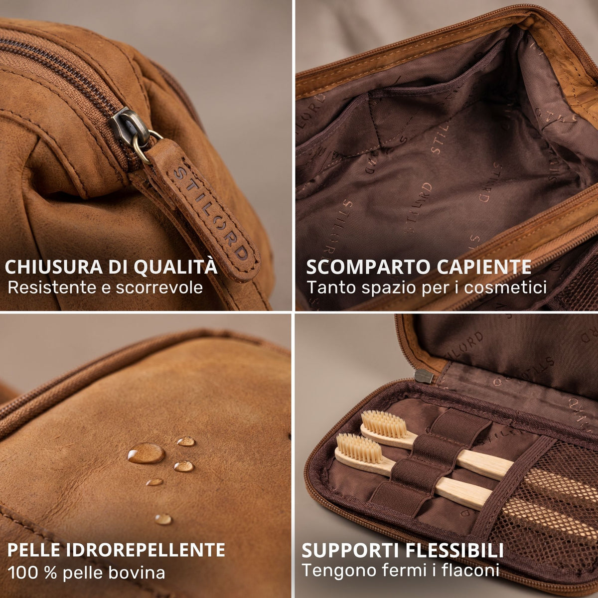 Necessaire in pelle color tan, cursore con stampa STILORD, ampio scomparto interno, pelle idrorepellente e supporti elastici