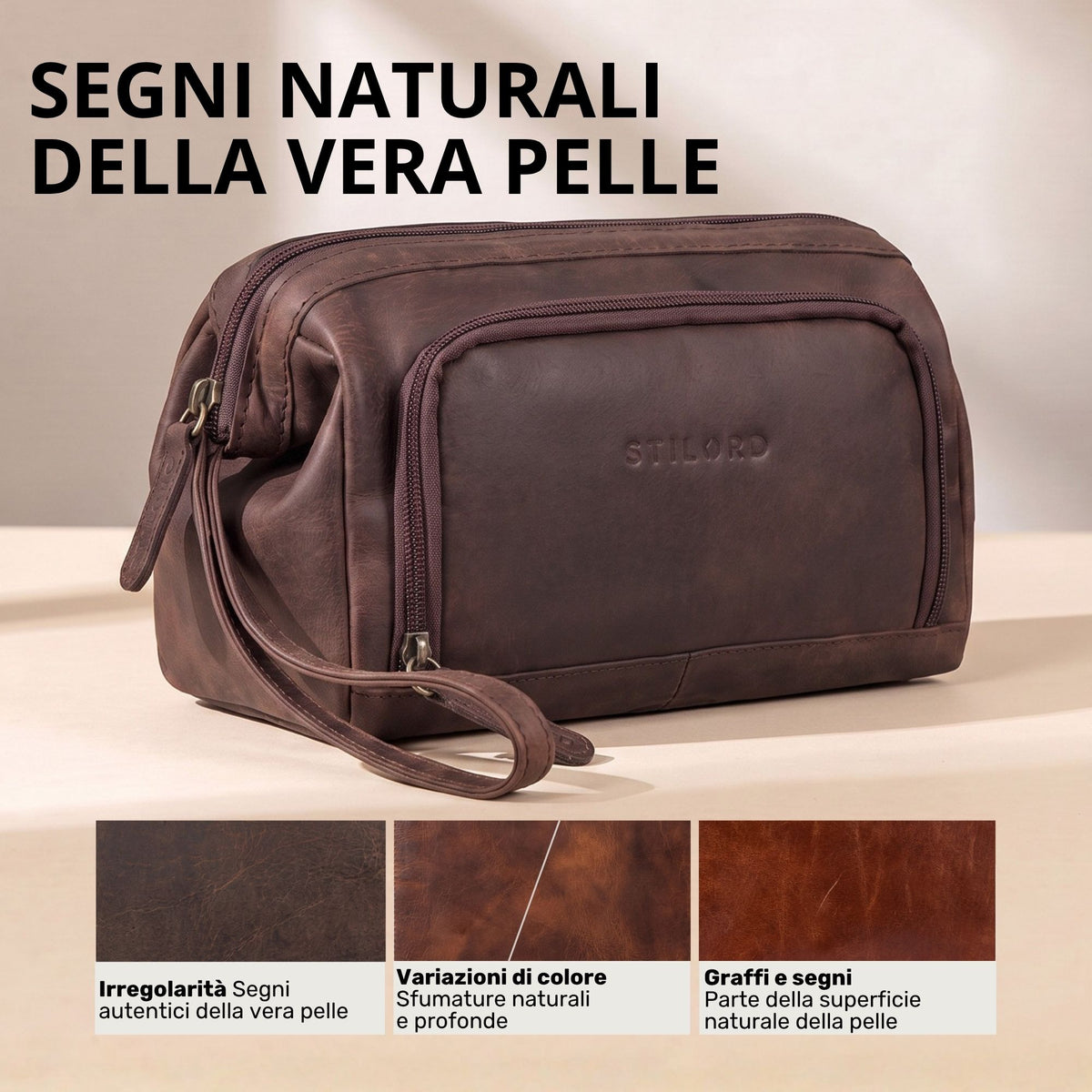 Necessaire in pelle Zamora marrone, vista laterale con manico a polso e logo STILORD in rilievo