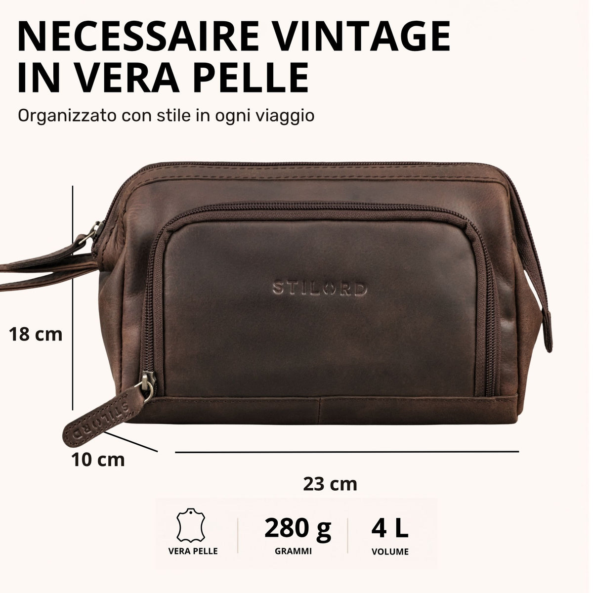 Necessaire in pelle zamora marrone, vista frontale con tasca esterna e logo STILORD impresso, misure 23x10x18 cm