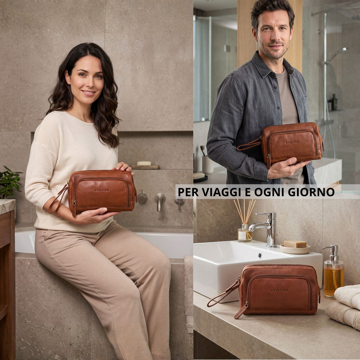 Necessaire in pelle marrone maraska con stampa STILORD e cinturino, vista frontale sul lavabo e tenuto da modelli
