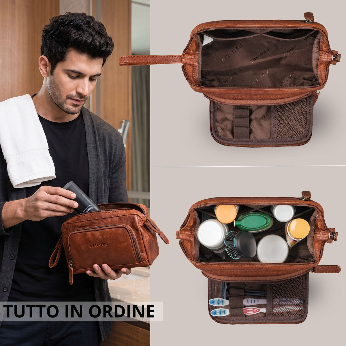 Necessaire Henry in pelle marrone maraska, interno aperto con scomparti ed elastici, logo STILORD