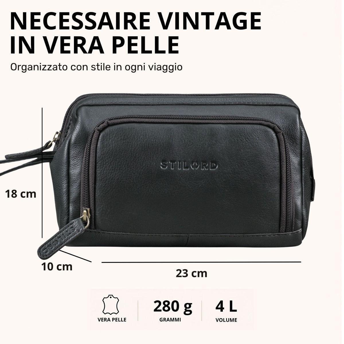 Necessaire in pelle nera, vista frontale con stampa STILORD e misure 23 x 18 x 10 cm