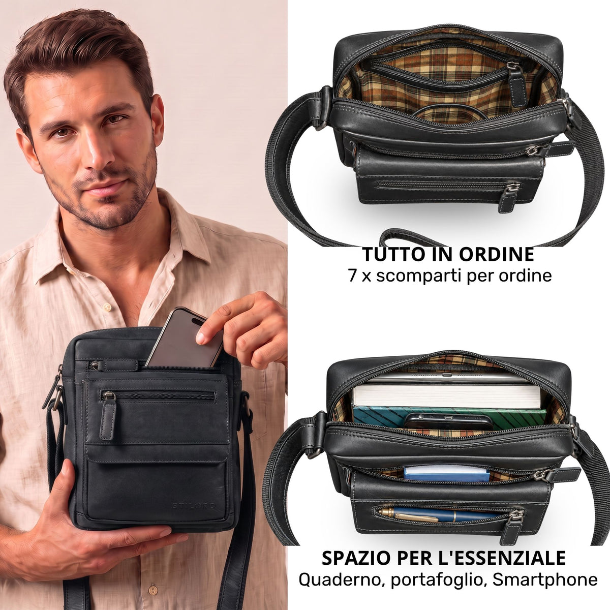 Piccola borsa a tracolla da uomo in pelle nera, tenuta da un modello; visione interna con fodera a quadri, tasche con cerniera e tablet