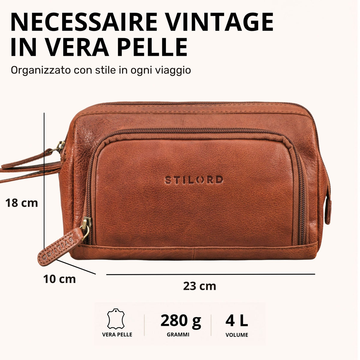 Necessaire in pelle marrone maraska, vista frontale con misure e logo STILORD in rilievo