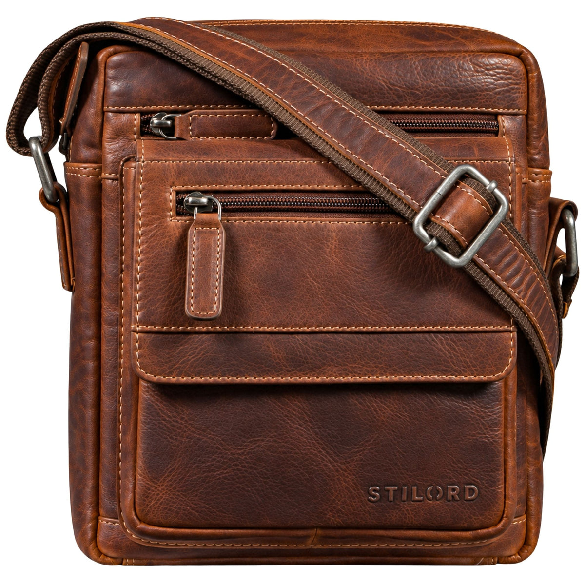 Tracolla piatta da uomo in pelle marrone, vista frontale con tasche e logo STILORD inciso, per tablet 8 pollici