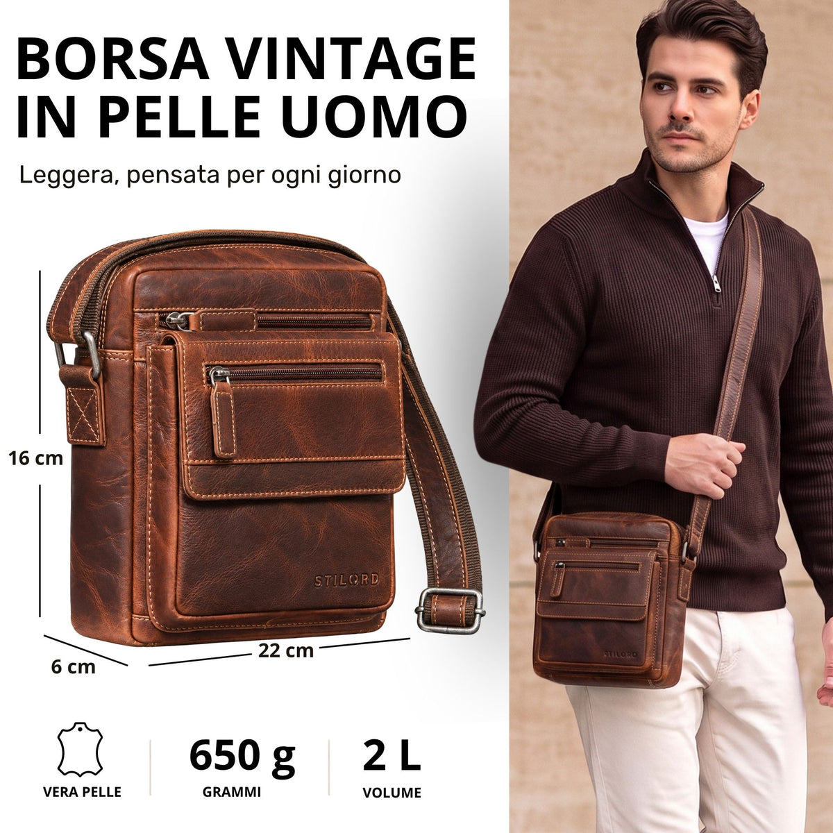 Piccola borsa a tracolla in pelle bovina colore Salerno, vista frontale con uomo che la indossa, adatta a tablet 8 pollici