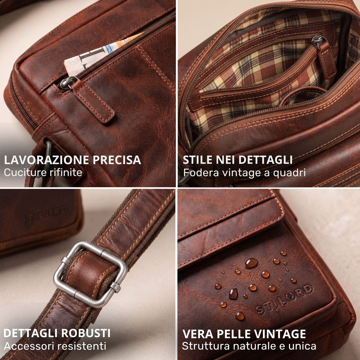 Borsa a tracolla piatta uomo pelle di bufalo Salerno marrone; dettagli: tasca esterna, fodera a quadri, tracolla con fibbia, stampa STILORD