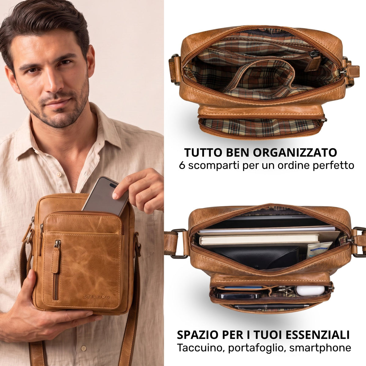 Kleine braune Leder-Umhängetasche perugia‑braun, Mann hält sie und steckt Smartphone ins Frontfach; geöffnete Aufsicht zeigt kariertes Innenfutter und mehrere Fächer