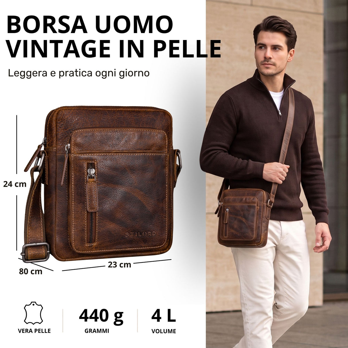 Kleine Herren-Schultertasche aus braunem Leder, Frontansicht mit Maßen und Modell, crossbody getragen