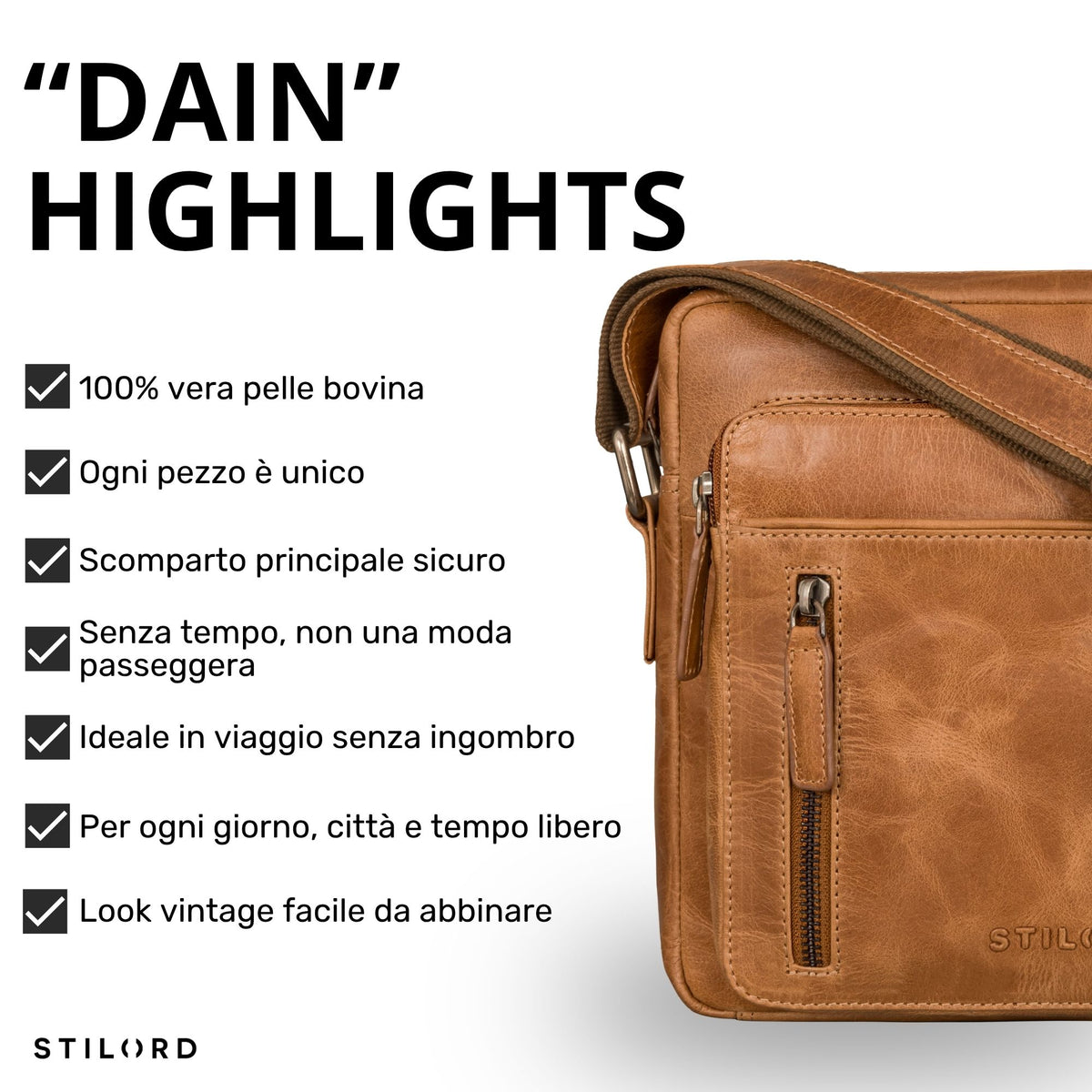 Kleine Schultertasche aus Rindsleder in Perugia-Braun, Vorderansicht mit Reißverschlussfach, Trageriemen und geprägtem STILORD-Logo