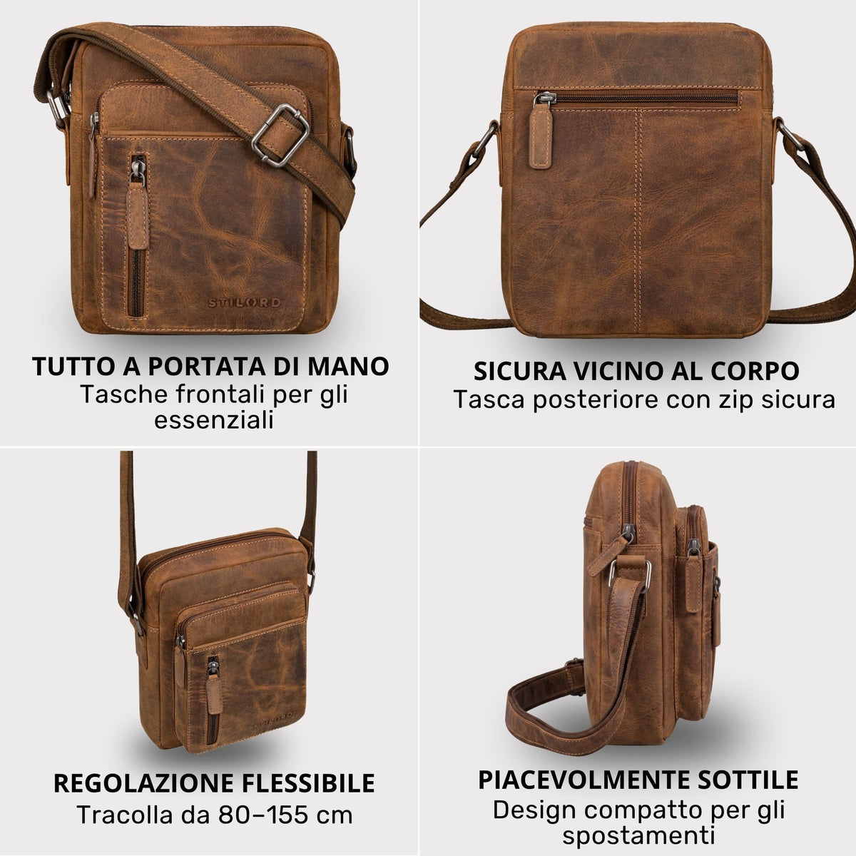Kleine Herren-Schultertasche aus braunem Bergamo-Leder, Front-, Rück- und Seitenansicht, verstellbarer Gurt, rückseitiges Reißverschlussfach