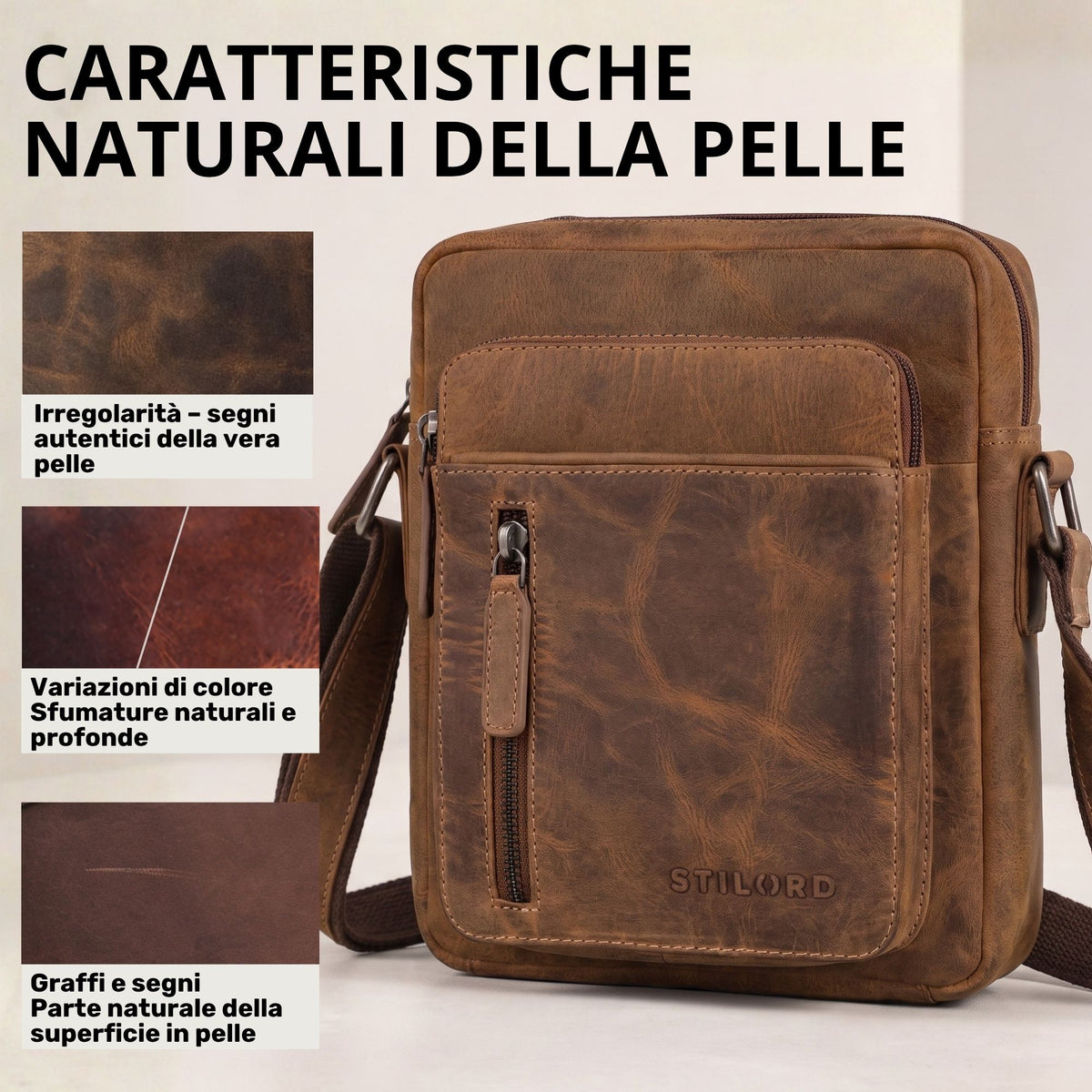 Kleine Herren-Schultertasche aus braunem Vintage-Leder, Frontansicht mit Reißverschlussfach und STILORD-Prägung