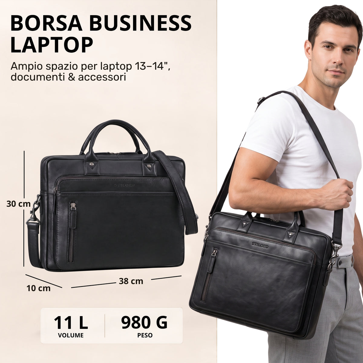Schwarze Leder-Business-Laptoptasche mit Frontfach und Schulterriemen, Modell trägt Tasche, Maße 38×30×10 cm sichtbar