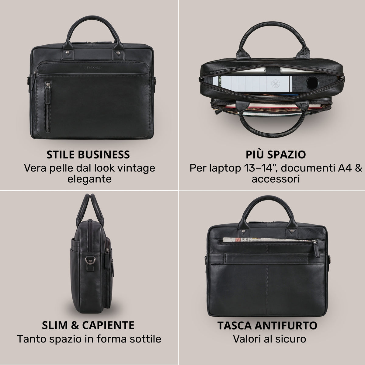 Schwarze Leder-Business-Tasche, Collage: Front, offene Oberansicht mit Laptop, schlankes Seitenprofil, Rückseite mit Reißverschlussfach