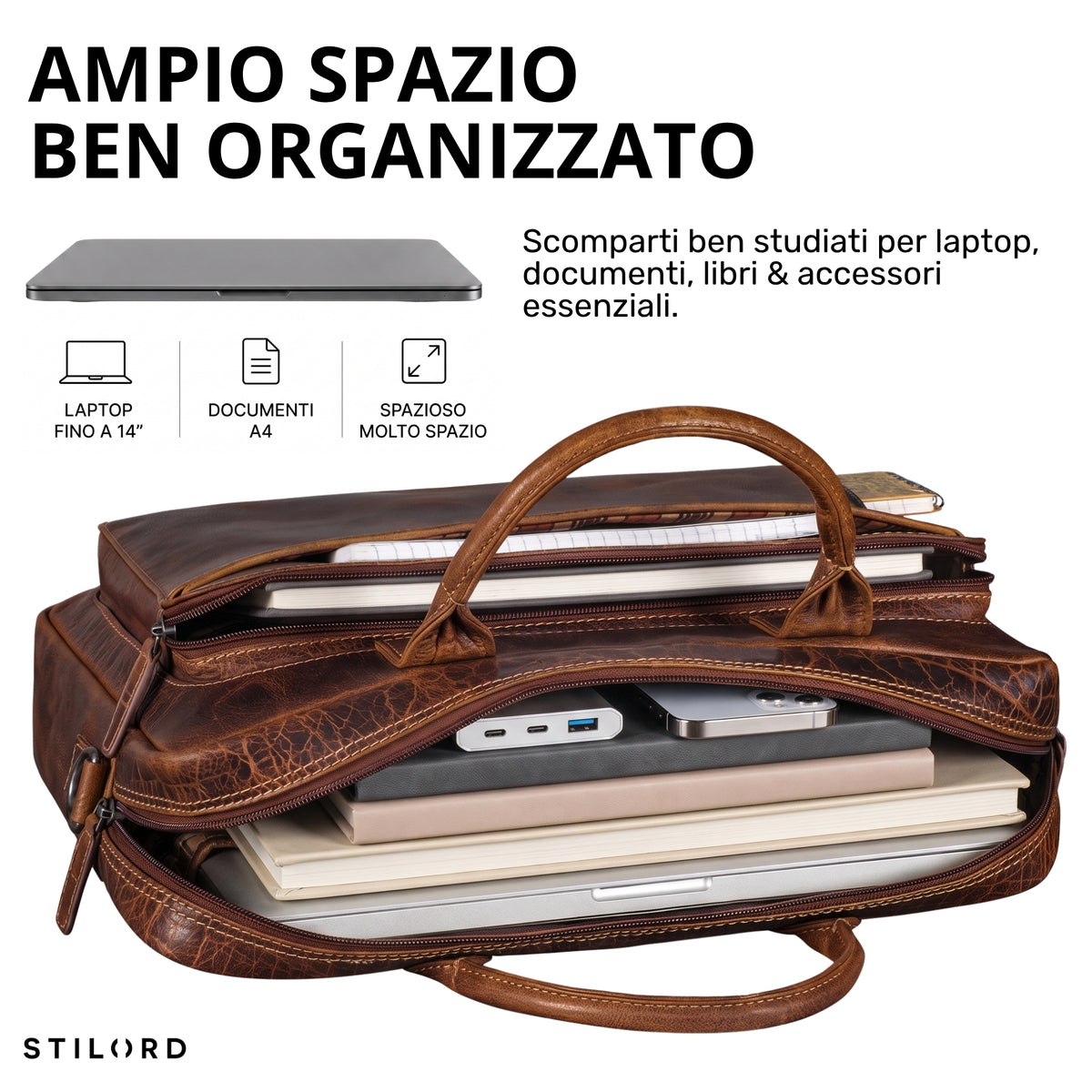 Leder-Businesstasche luino braun, geöffnete Ansicht mit Laptopfach bis 14 Zoll, Notizbuch und Zubehör, Vintage-Rindsleder