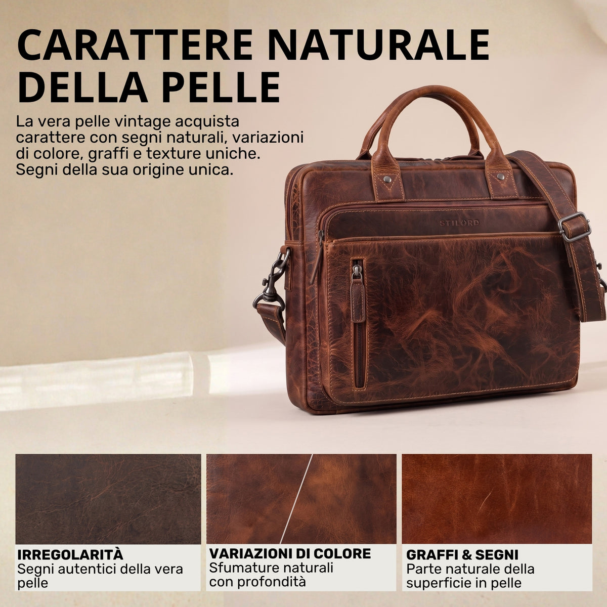 Braune Leder-Business-Tasche mit Vintage-Patina, STILORD-Prägung und Laptopfach für 13–14 Zoll, seitliche Perspektive