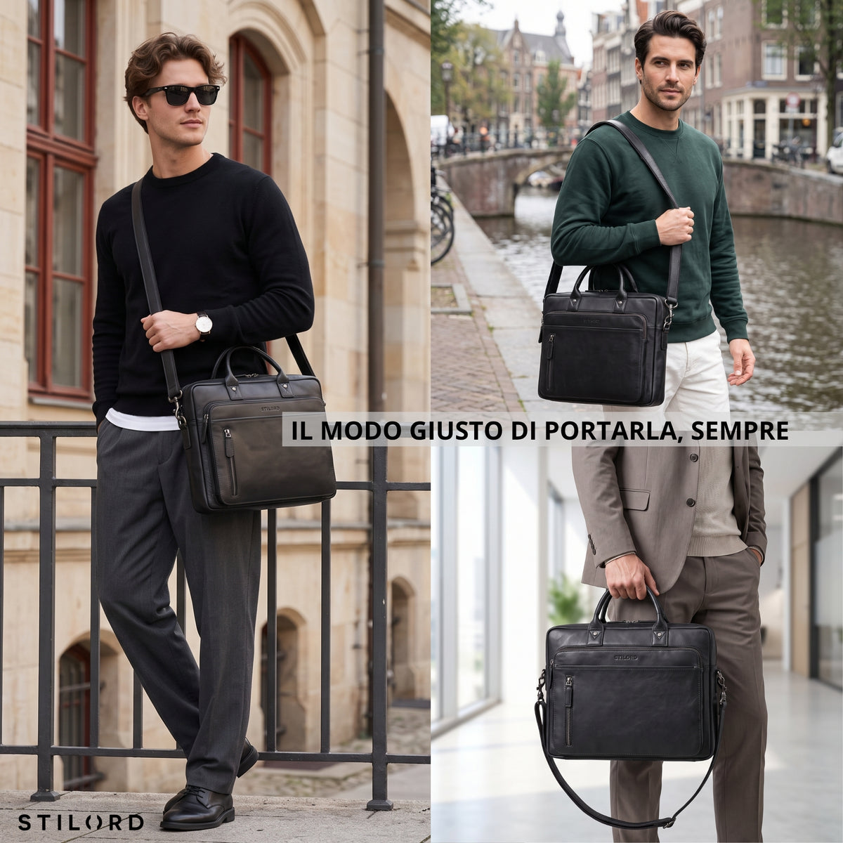 Schwarze Leder-Business-Tasche Syd mit Laptopfach 13–14 Zoll, Schultergurt und Griff, Stadtszene, STILORD-Prägung