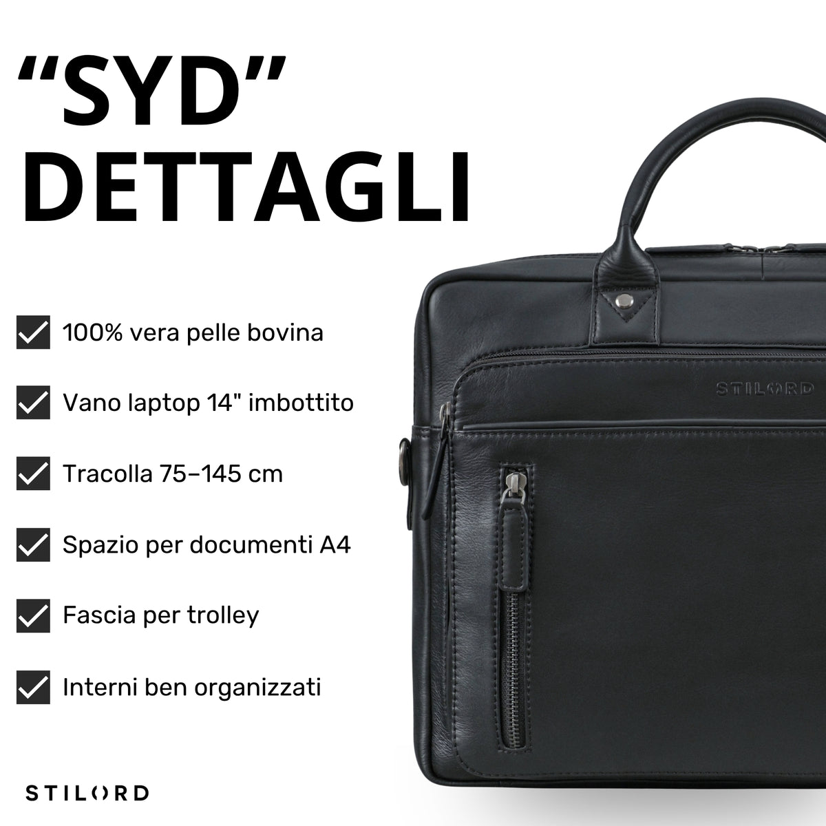 Schwarze Leder-Business-Tasche mit sichtbarer Prägung, Fronttasche und Griff, Detailansicht des gepolsterten Laptopfachs 13–14 Zoll
