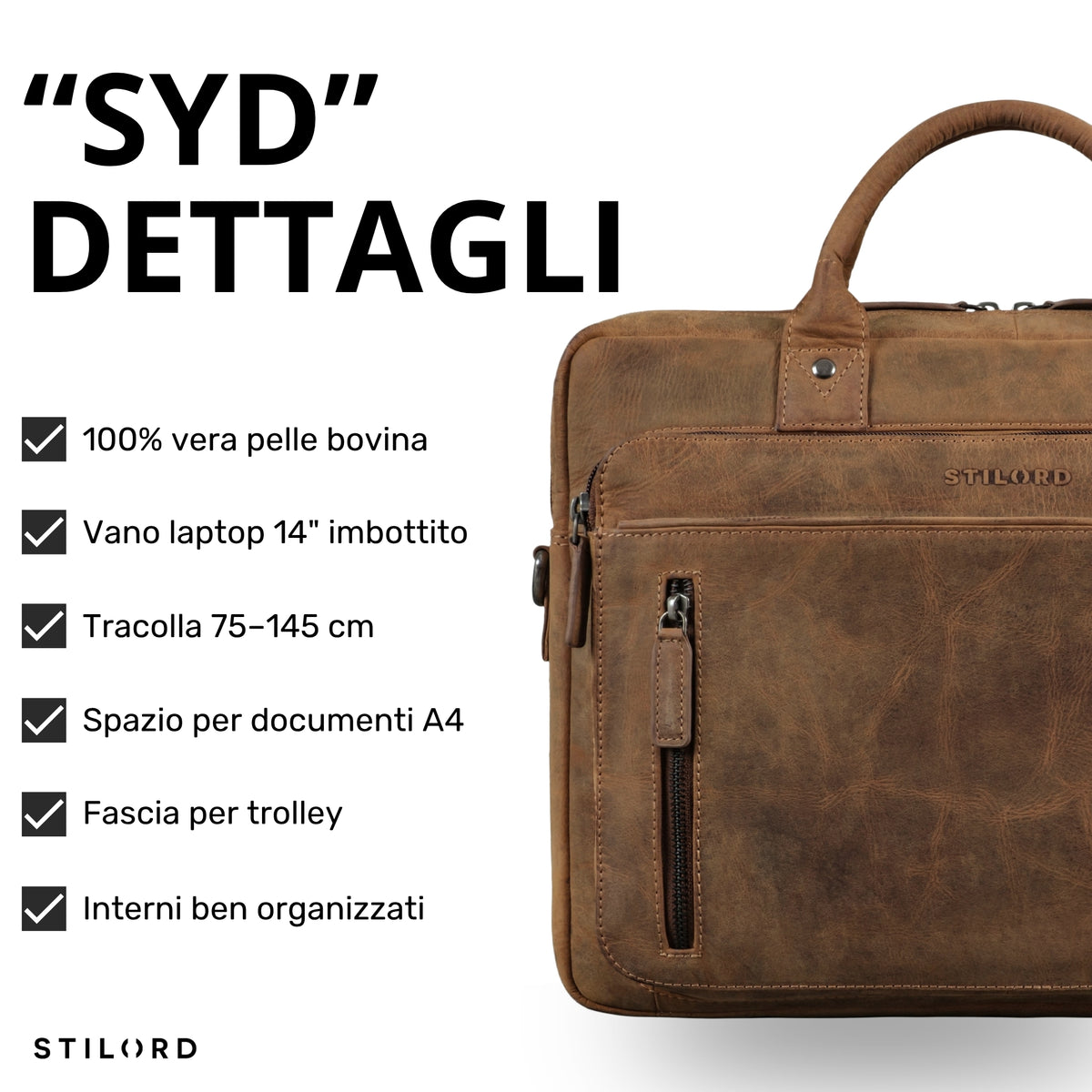 Braune Leder-Business-Tasche mit gepolstertem Laptopfach 13–14 Zoll, Fronttasche und STILORD-Prägung, Detailansicht rechts