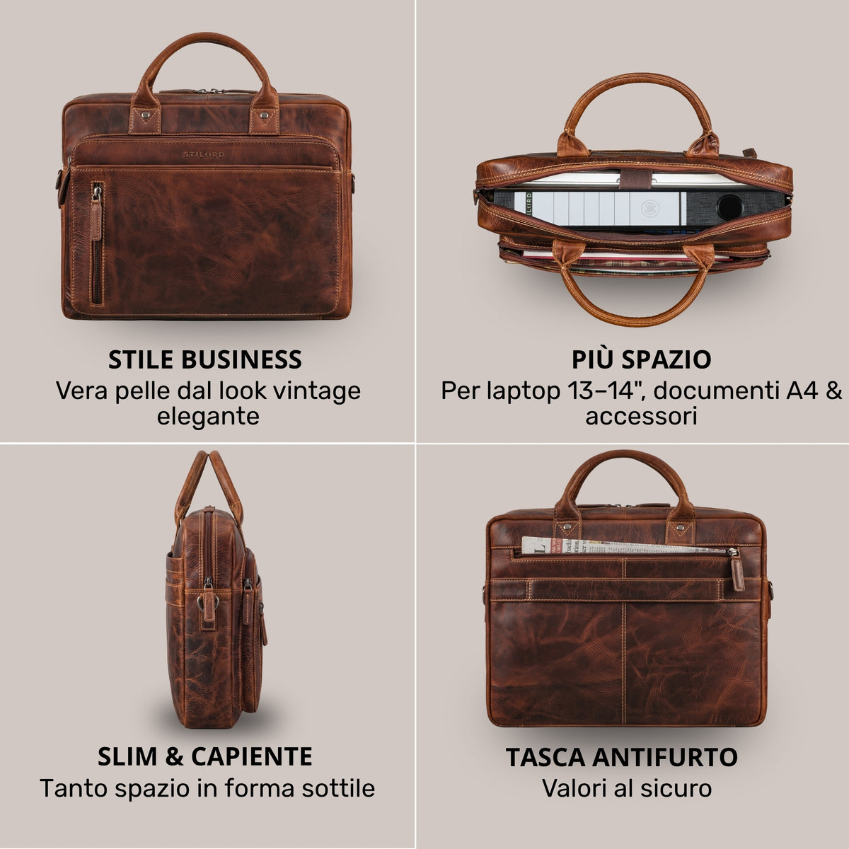 Braune Leder-Business-Tasche salerno mit Laptopfach 13–14 Zoll, geöffnete Ansicht, Seitenprofil und Anti-Diebstahl-Tasche