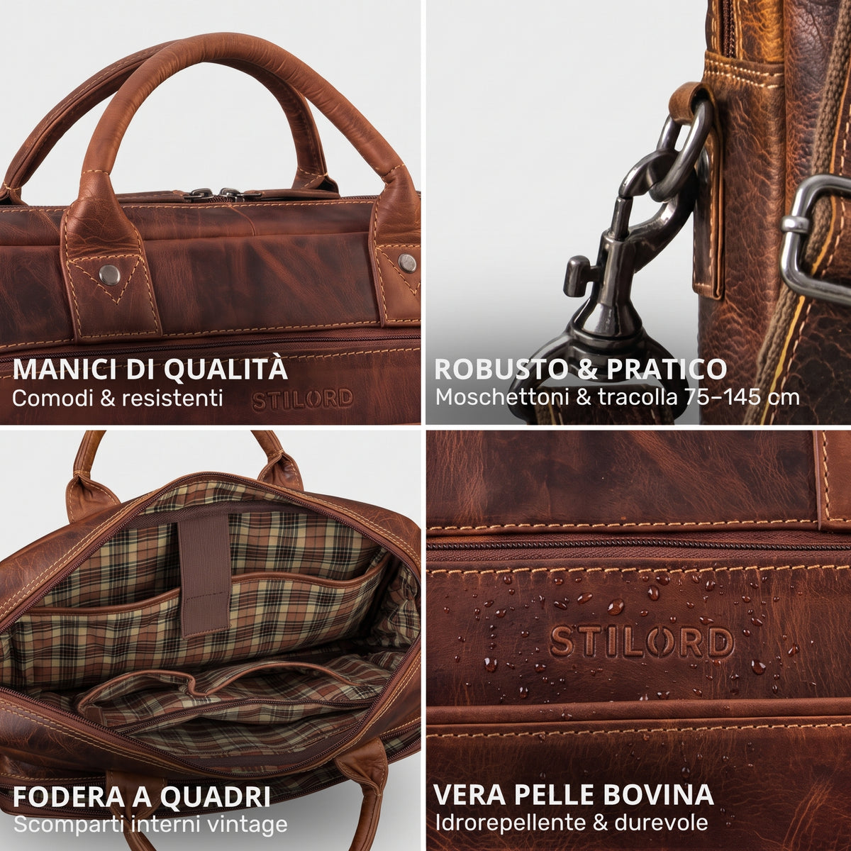 Collage aus Nahaufnahmen: braune Leder-Business-Tasche Salerno mit gepolsterten Griffen, Metallhaken, kariertem Innenfutter und STILORD-Prägung mit Wassertropfen