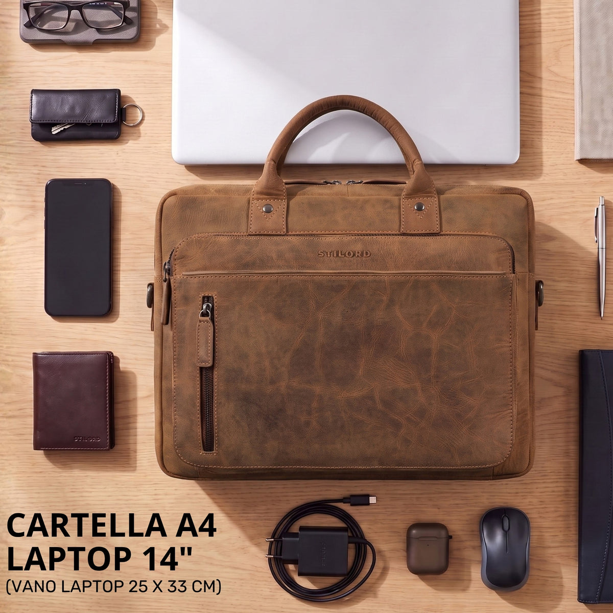 Leder-Business-Tasche A4 in bergamo-braun mit sichtbarer Prägung STILORD, vordere Reißverschlusstasche, Ansicht von oben