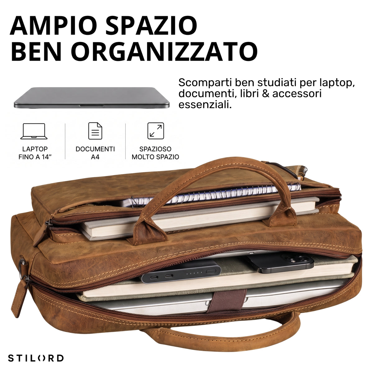 Offene braune Leder-Business-Tasche mit Laptopfach 13–14 Zoll, Notizbüchern und Powerbank, Draufsicht auf Innenfächer