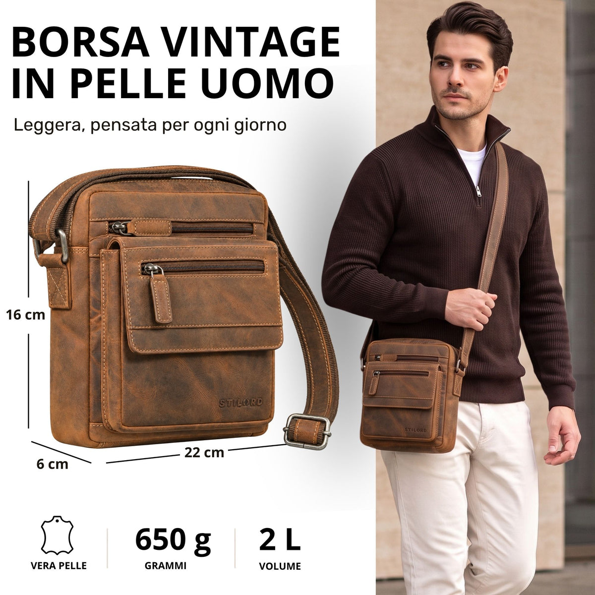 Borsa uomo piatta in pelle marrone, vista frontale con tasche con zip, indossata dal modello, compatibile con tablet 8 pollici