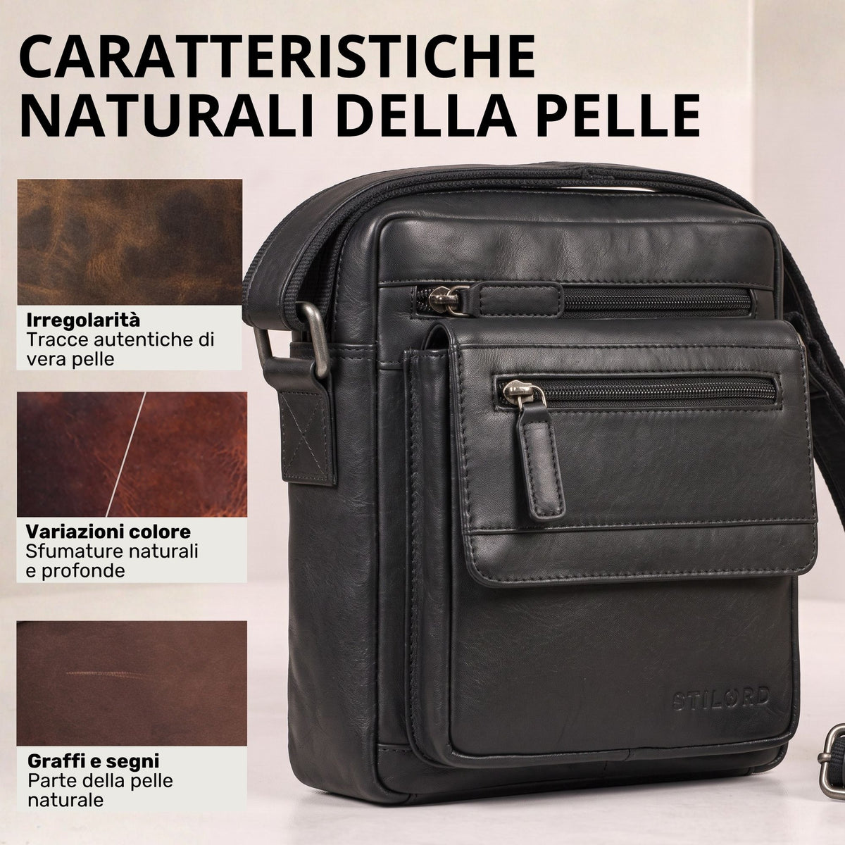 Piccola borsa a tracolla uomo in pelle nera, vista frontale con tasche con zip e marchio STILORD, per tablet 8 pollici