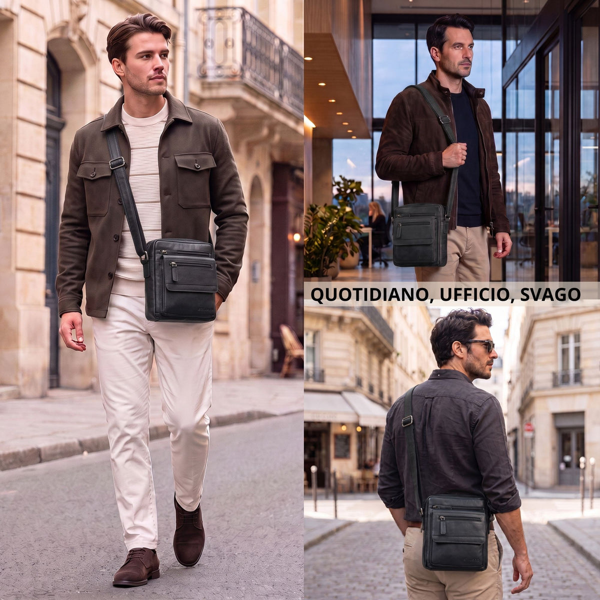 Borsa tracolla piatta in pelle nera per tablet 8 pollici, indossata da uomo in strada e in ufficio, vista anteriore e posteriore