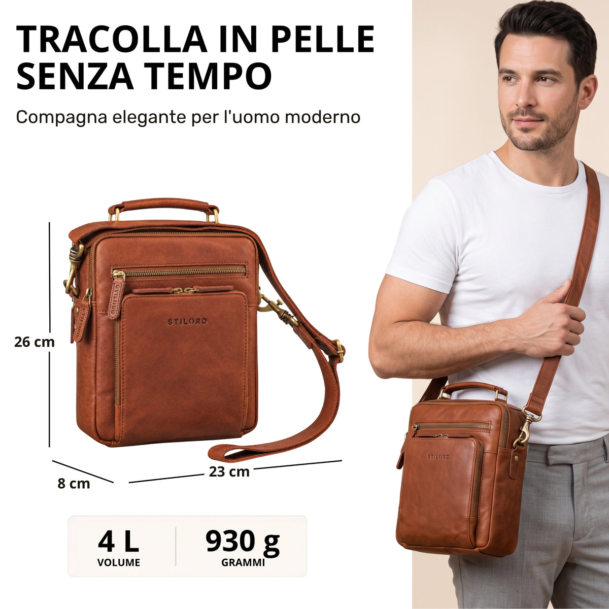 Piccola tracolla in pelle maraska marrone con stampa STILORD visibile, vista frontale con misure e modello che la indossa