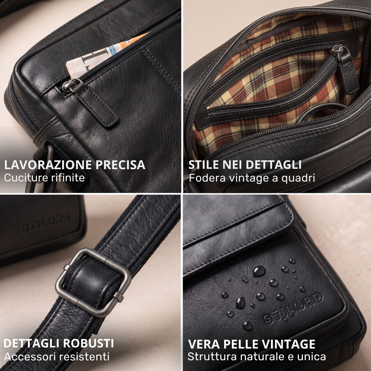 Borsa a tracolla piatta da uomo in pelle nera, fodera interna a quadri, tasca con cerniera, dettaglio fibbia e logo STILORD impresso