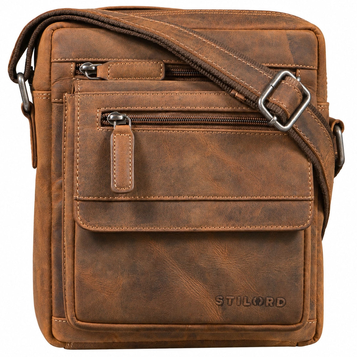 Tracolla piatta da uomo in pelle bergamo marrone, tasche frontali con zip, pattina, tracolla regolabile e logo impresso STILORD