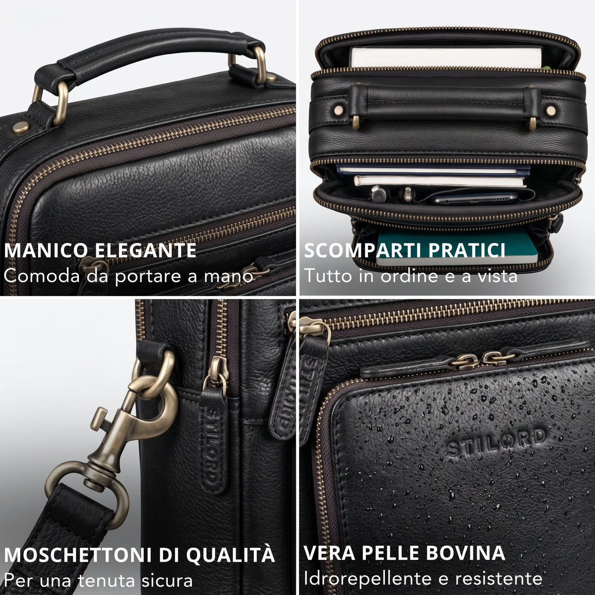 Piccola tracolla in pelle nera con manico, scomparti visibili per tablet/A5, moschettone in ottone e logo impresso con gocce