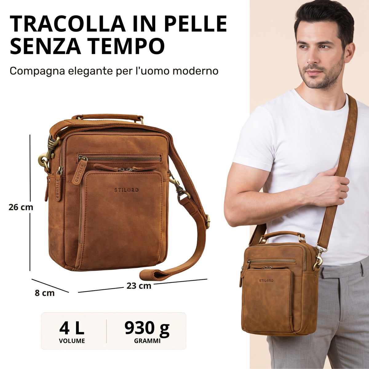 Piccola tracolla in pelle tan marrone scuro, vista frontale con logo STILORD impresso e uomo che la indossa a tracolla