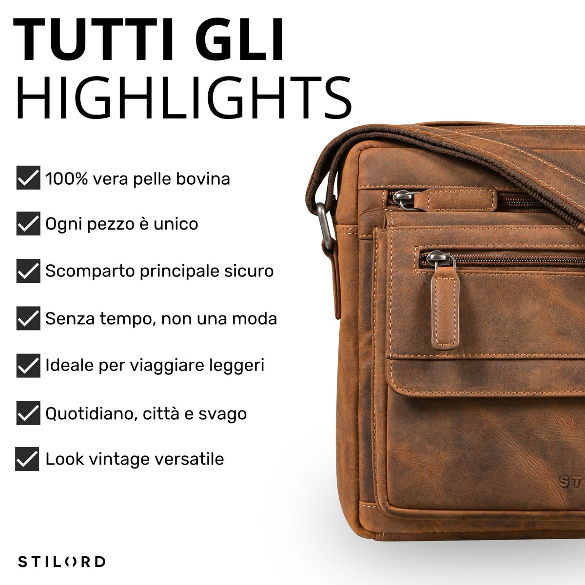 Piccola borsa a tracolla piatta da uomo in pelle marrone Bergamo, dettaglio tasche frontali e cerniere, logo STILORD visibile
