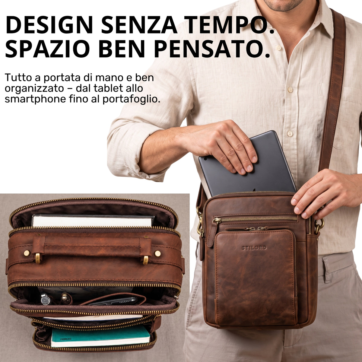 Piccola borsa a tracolla in pelle marrone con manico e tasca frontale con stampa STILORD, spazio per tablet 10,1 pollici e A5