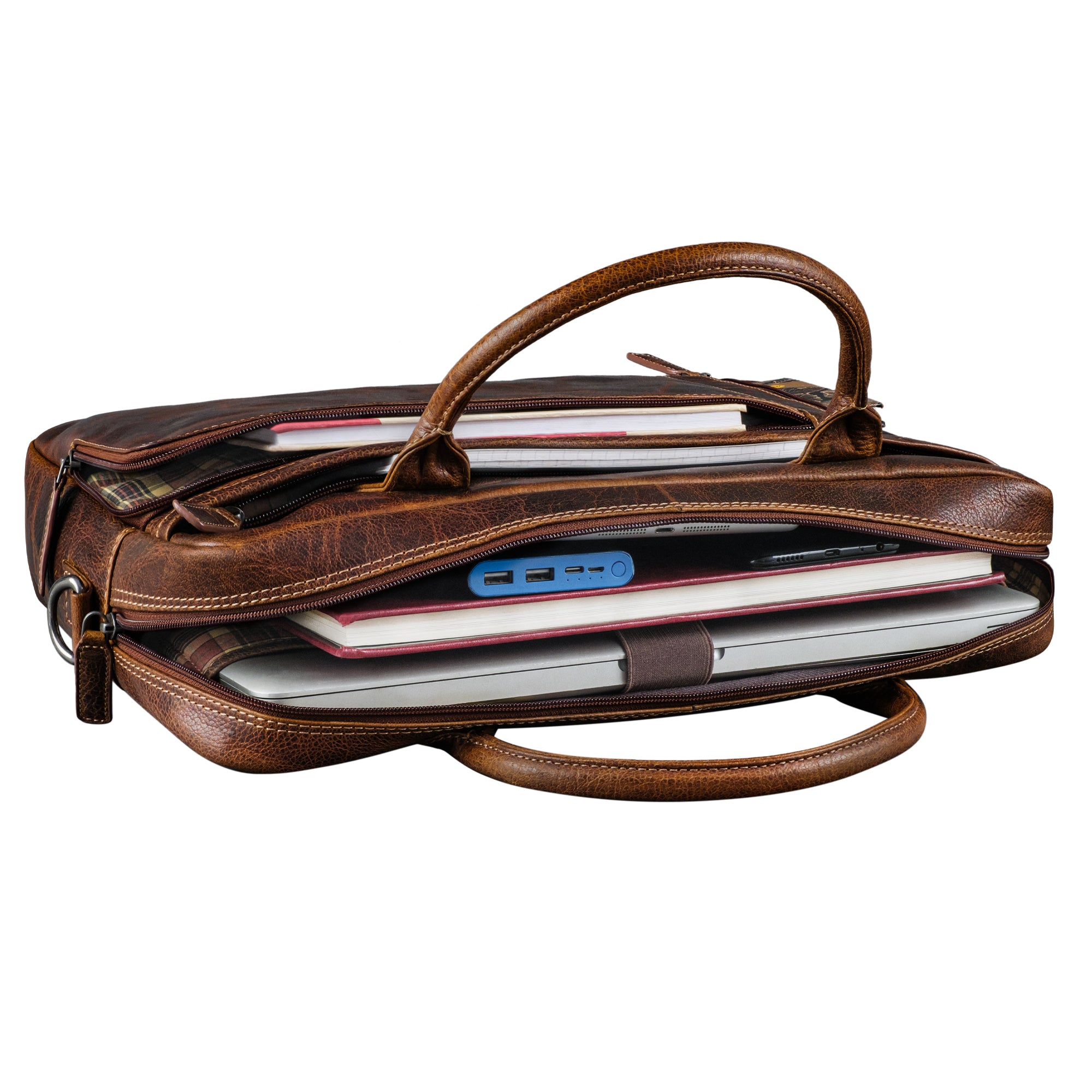 Aktentasche Leder Damen und Herren braun im gefüllten Zustand