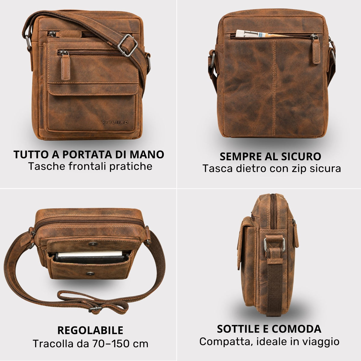 Piccola tracolla piatta in pelle bergamo marrone, viste fronte/retro/profilo e tracolla regolabile, adatta a tablet 8 pollici
