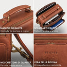 Piccola borsa a tracolla da uomo in pelle marrone maraska, collage: manico, scomparti aperti con tablet, moschettone in ottone, logo STILORD impresso con gocce d'acqua