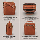 Piccola tracolla uomo in pelle marrone maraska, vista frontale, posteriore, laterale e interna, manico, spazio per tablet 10,1 pollici