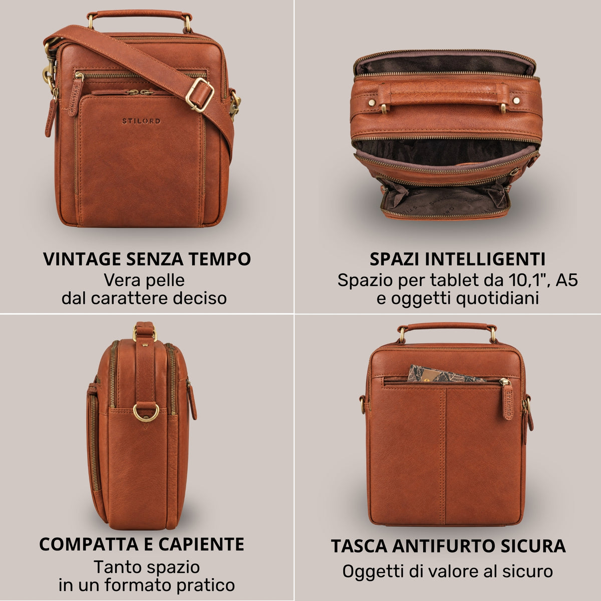 Piccola tracolla uomo in pelle marrone maraska, vista frontale, posteriore, laterale e interna, manico, spazio per tablet 10,1 pollici