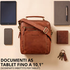 Piccola borsa a tracolla in pelle marrone maraska con manico, logo STILORD impresso sulla tasca frontale, adatta a tablet 10,1 pollici e A5