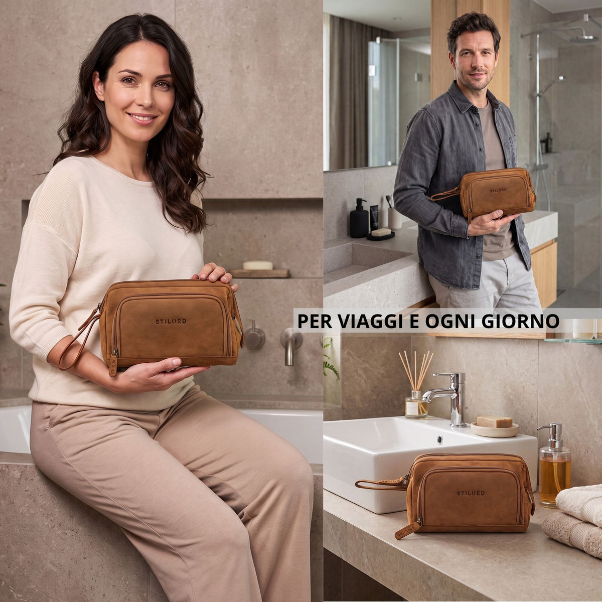 Necessaire in pelle tan/marrone scuro con stampa STILORD e manico, in primo piano sul lavabo e tenuto da modelli