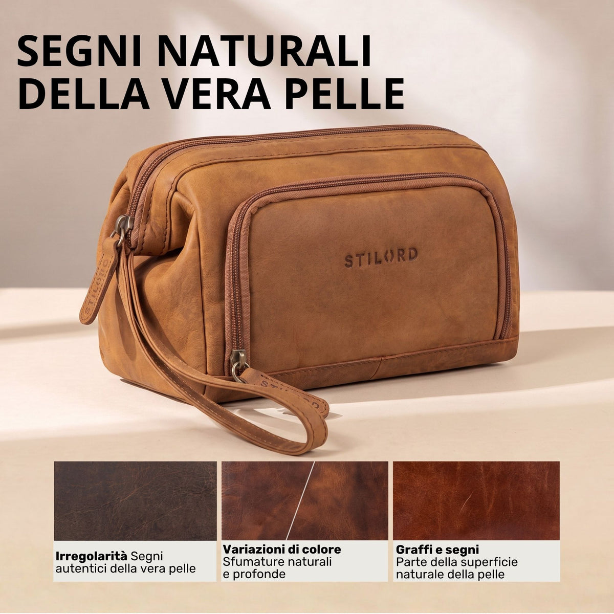 Necessaire in pelle colore tan, vista frontale-laterale con cerniera, manico da polso e logo STILORD impresso
