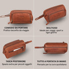 Necessaire Henry in pelle marraska, quattro viste: frontale con stampa STILORD, vista obliqua, tasca posteriore e vista dall'alto